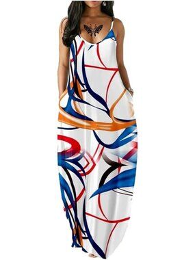 〽️Multi White Boho Maxi Dress Women's Smocked Tiered Flowy Summer Beach Dress